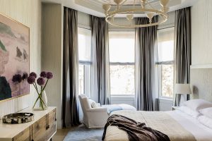 The master bedroom's silver-leafed ceiling and zen tranquil palette make this a soothing respite in which to unwind and recharge.